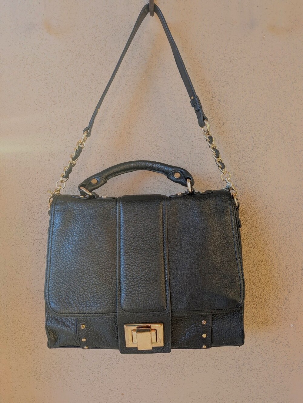 Kelsi Dagger Brooklyn Black Pebbled Leather Bag Gold Hardware